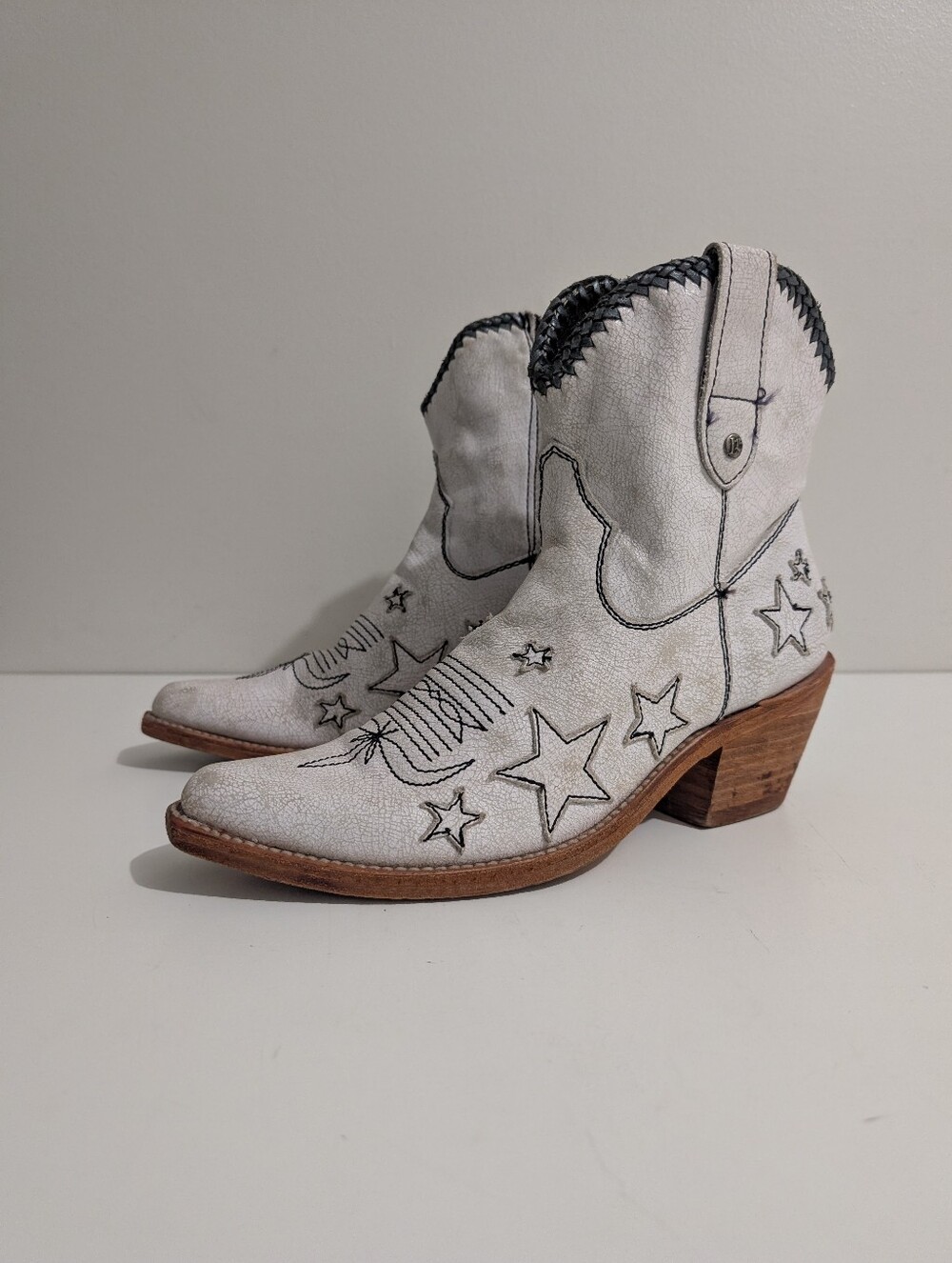Liberty Black Western white Distress Leather Stars Ankle Boot Mex 26 US 9.5